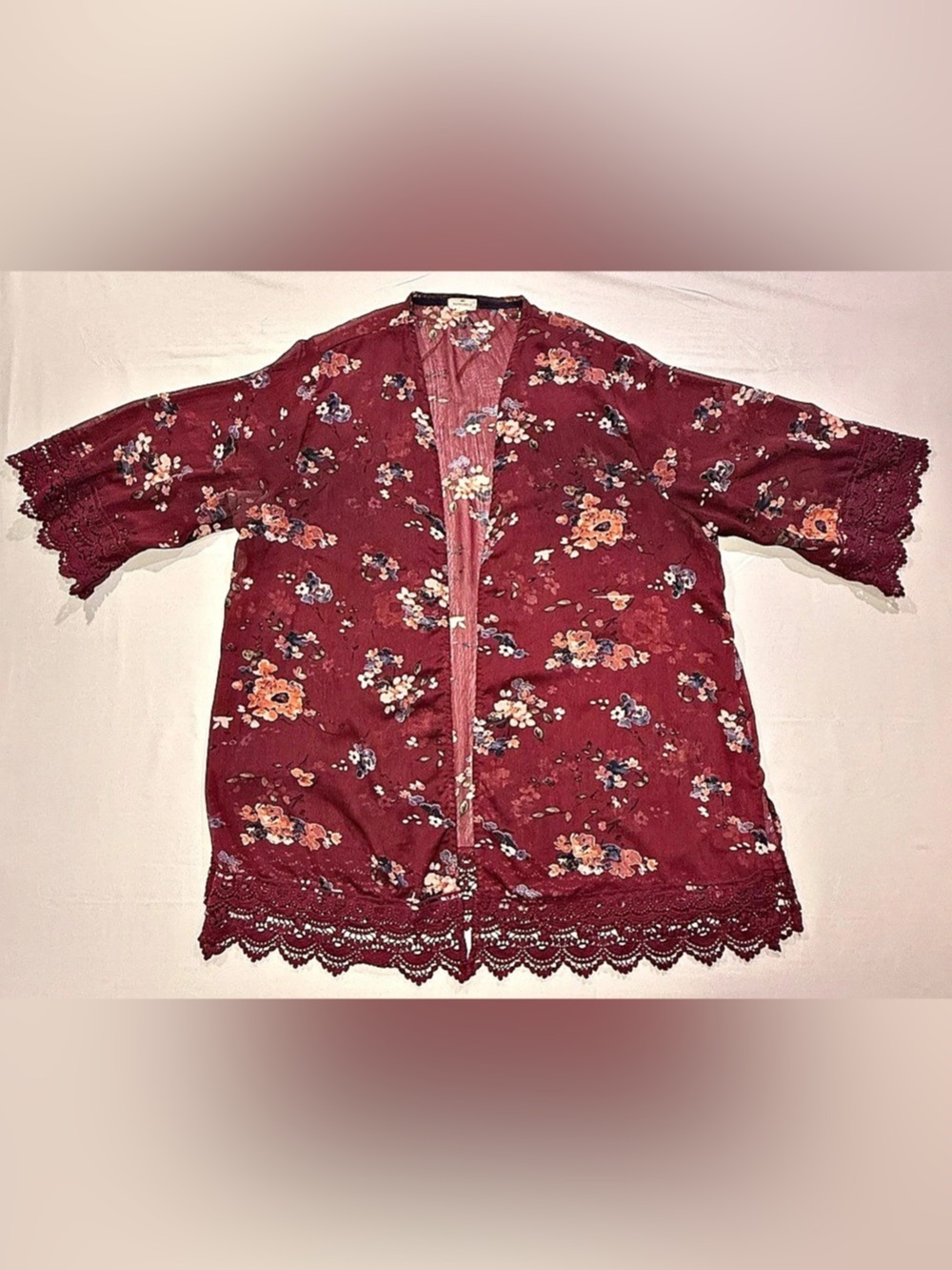 Mason & Belle Women’s 2X Burgundy Floral Lace Trim Open Front Kimono